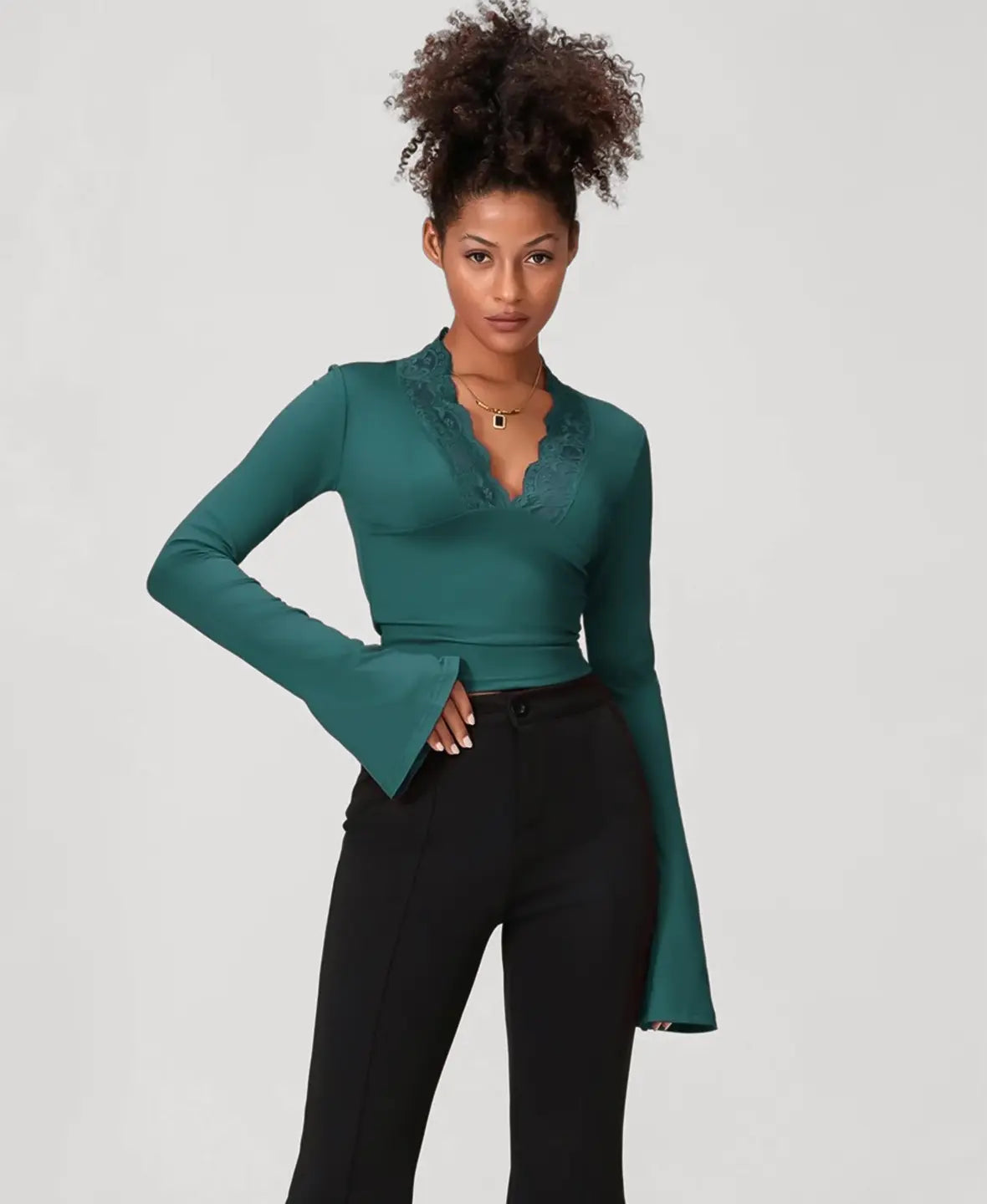 Flared Sleeve Lace Trim Blouse