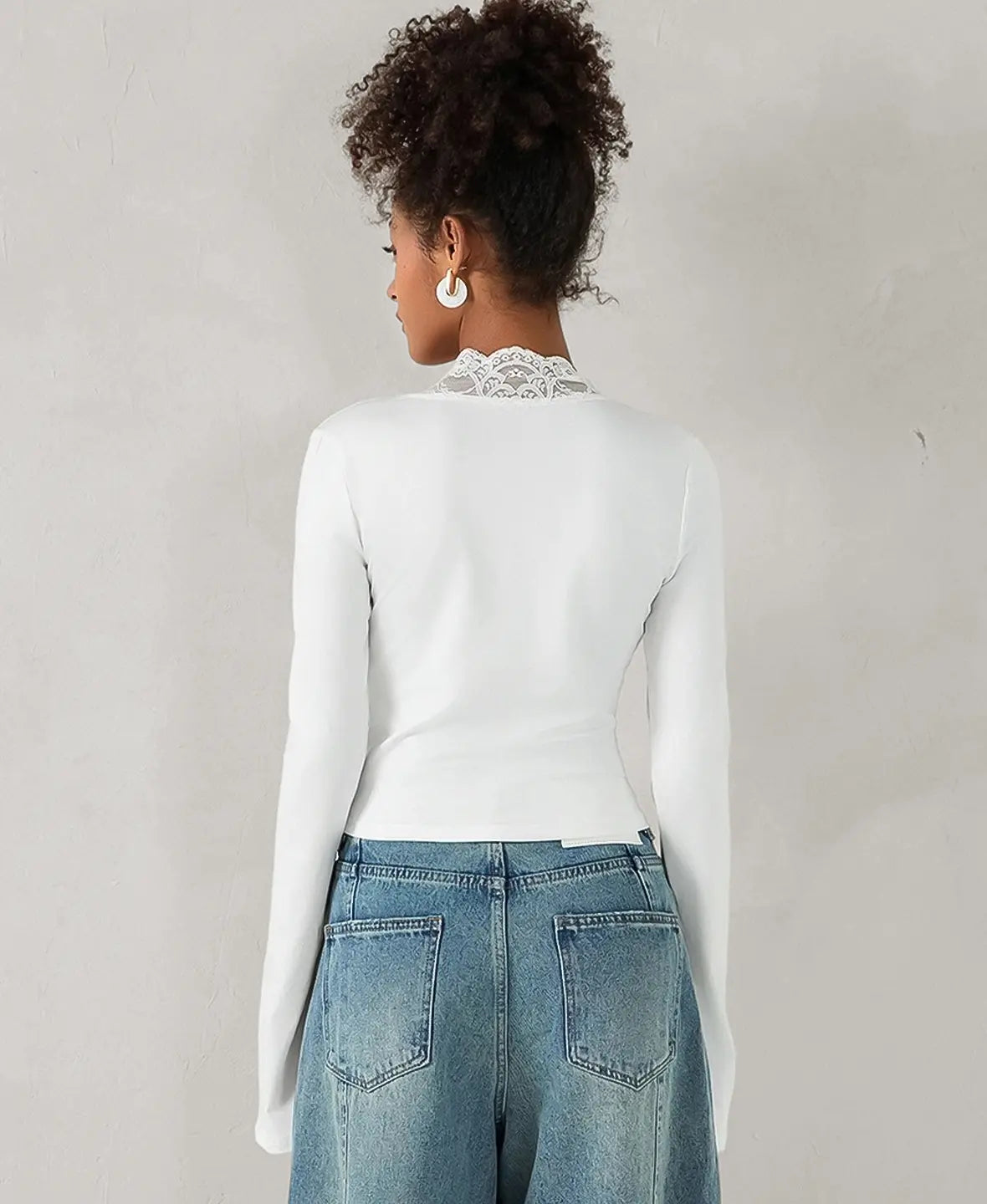 Flared Sleeve Lace Trim Blouse