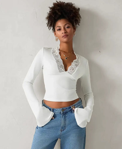 Flared Sleeve Lace Trim Blouse