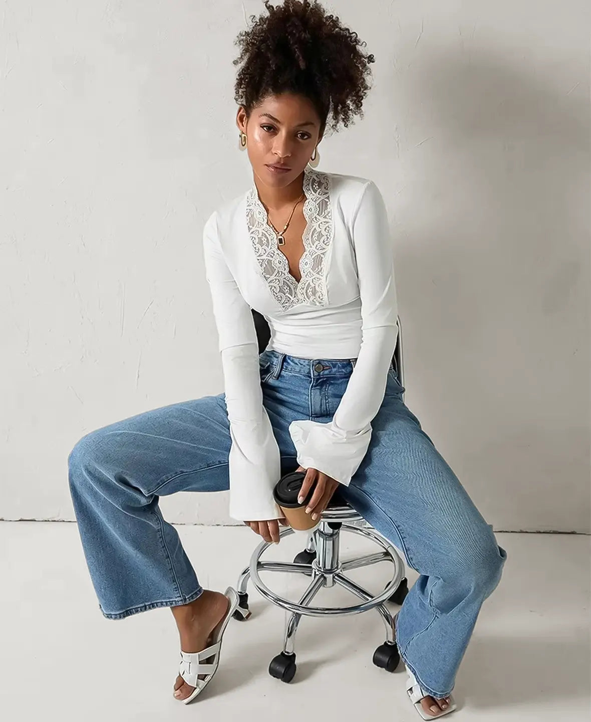 Flared Sleeve Lace Trim Blouse