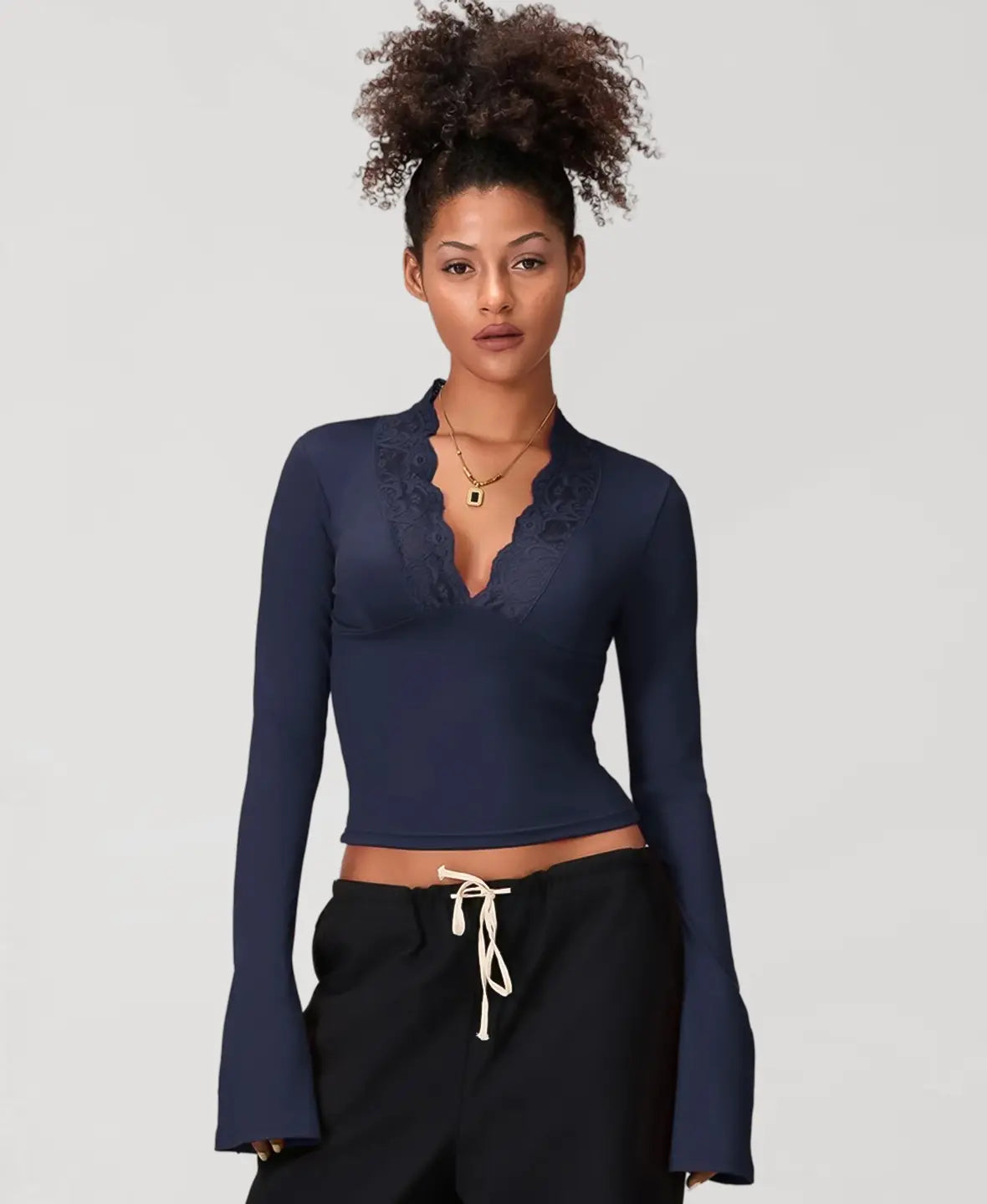Flared Sleeve Lace Trim Blouse