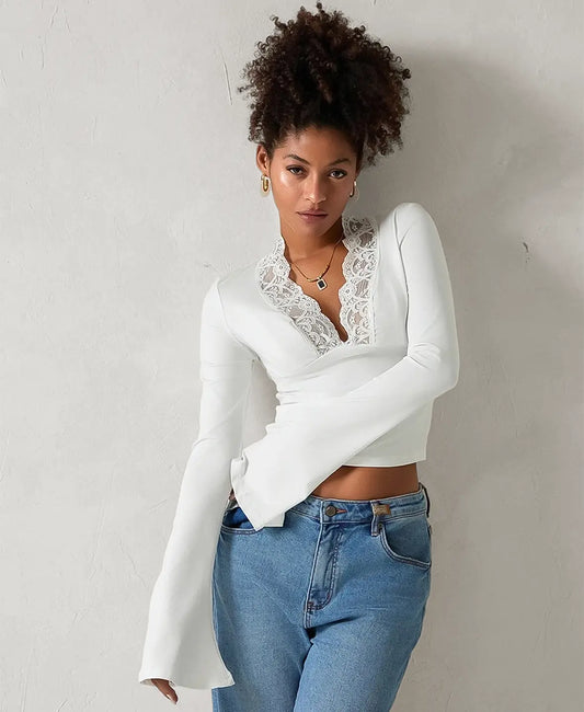 Flared Sleeve Lace Trim Blouse