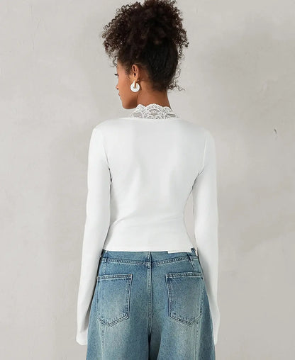 Flared Sleeve Lace Trim Blouse