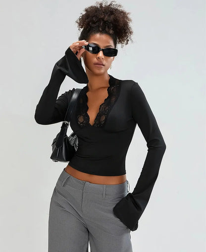 Flared Sleeve Lace Trim Blouse