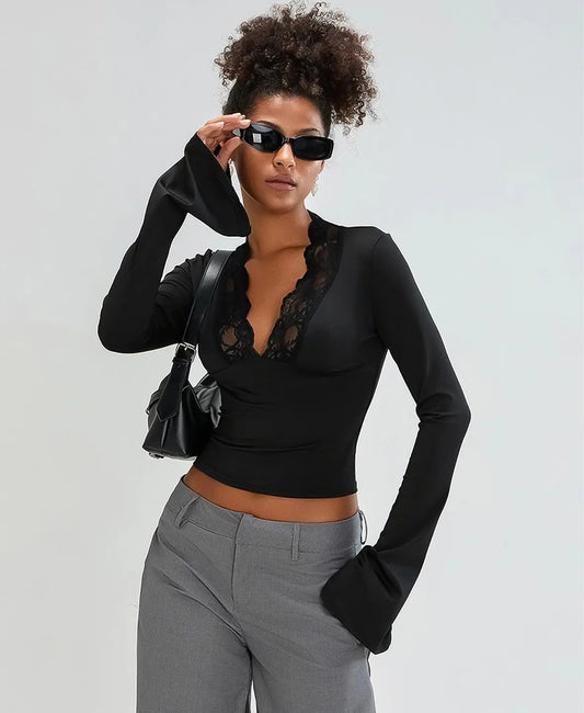 Flared Sleeve Lace Trim Blouse