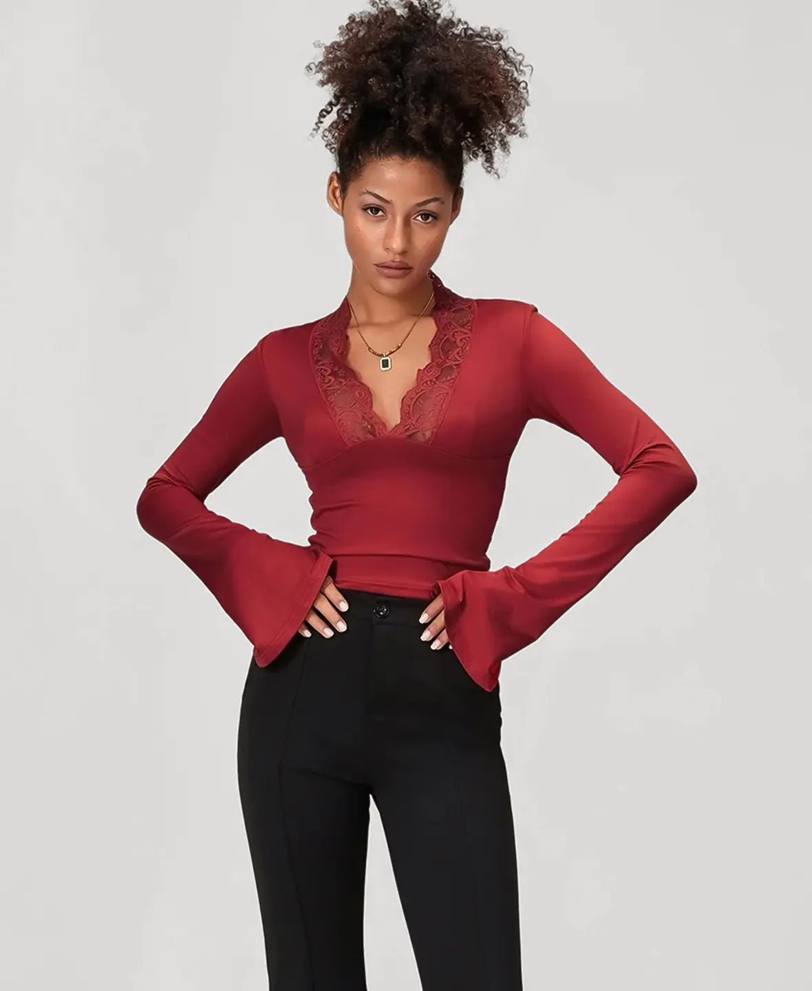 Flared Sleeve Lace Trim Blouse