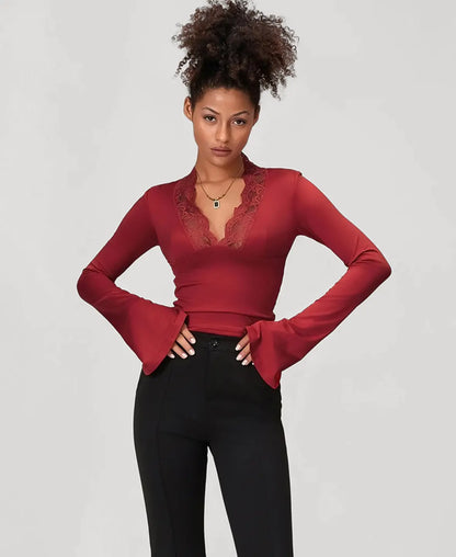 Flared Sleeve Lace Trim Blouse