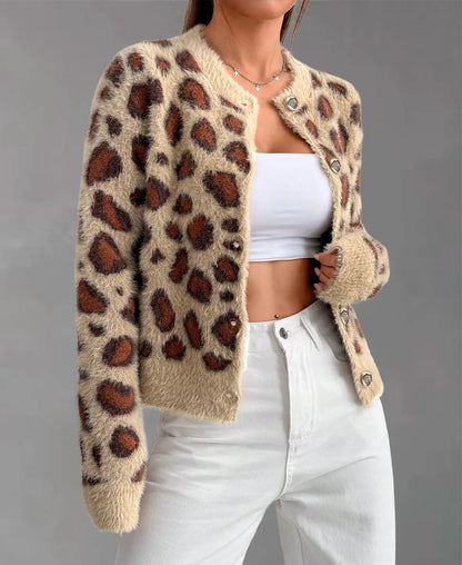 Leopard Print Furry Knit Cardigan