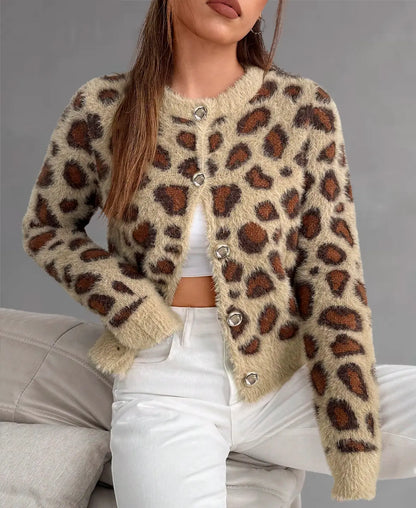 Leopard Print Furry Knit Cardigan