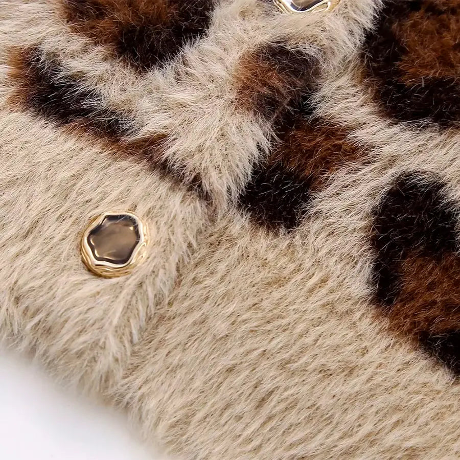 Leopard Print Furry Knit Cardigan