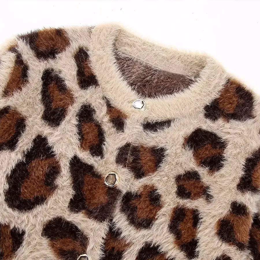 Leopard Print Furry Knit Cardigan