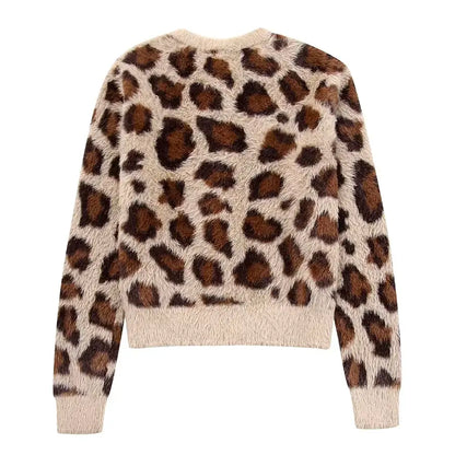 Leopard Print Furry Knit Cardigan