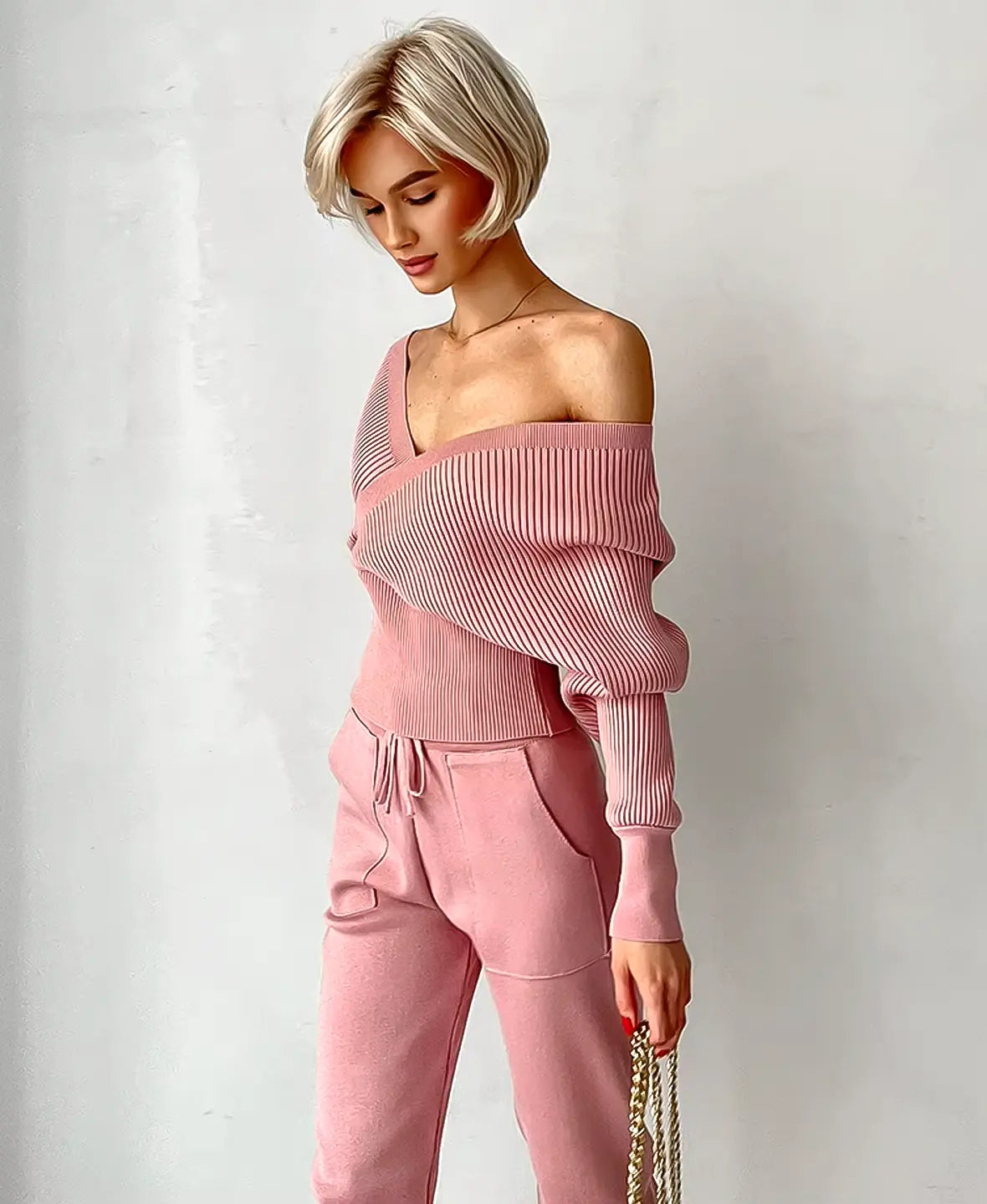 Ribbed Off-Shoulder Knitwear Set