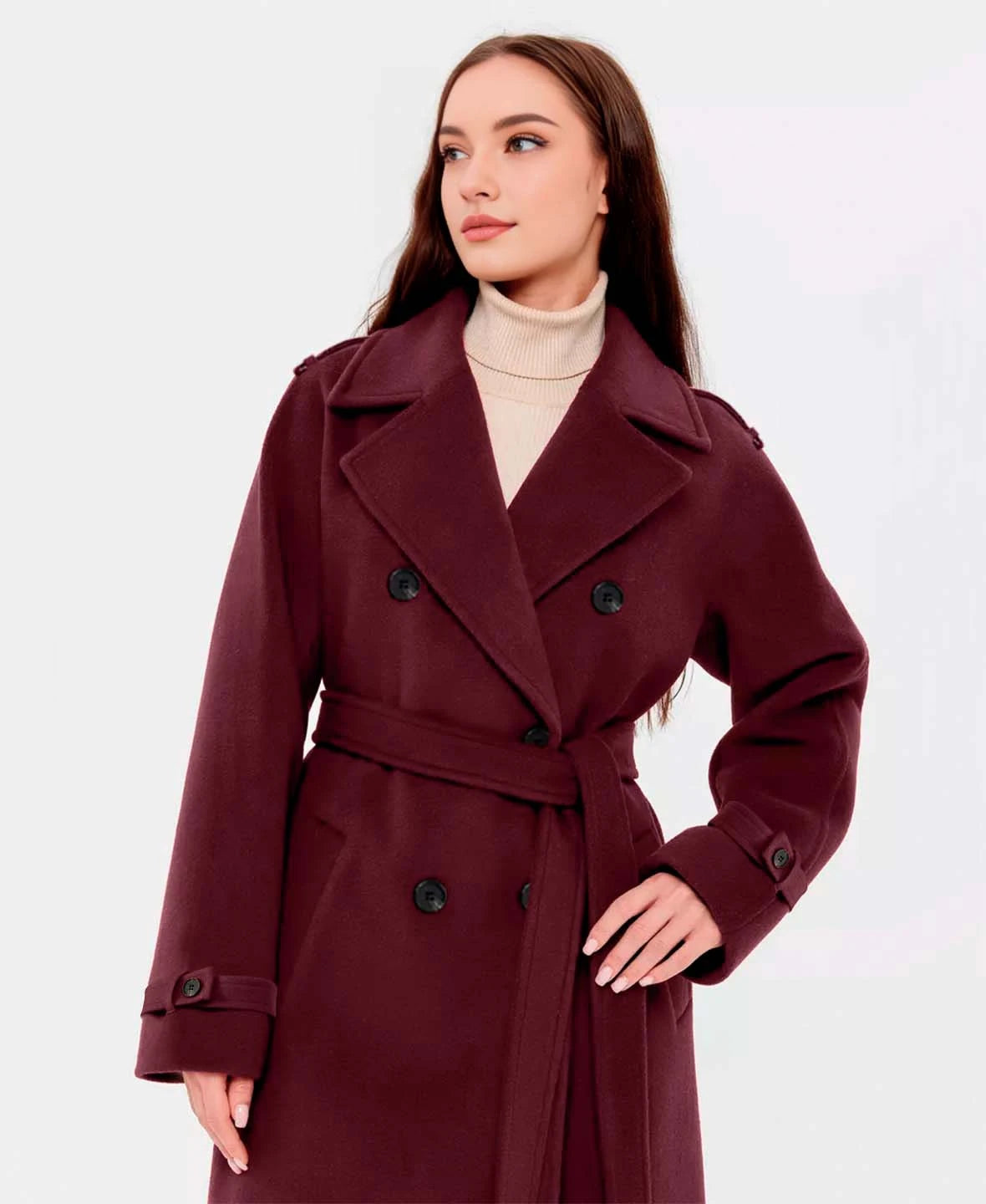 Trendy Faux Wool Burgundy Trench Coat