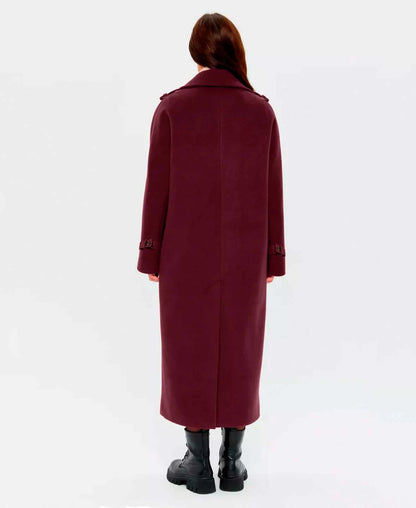 Trendy Faux Wool Burgundy Trench Coat